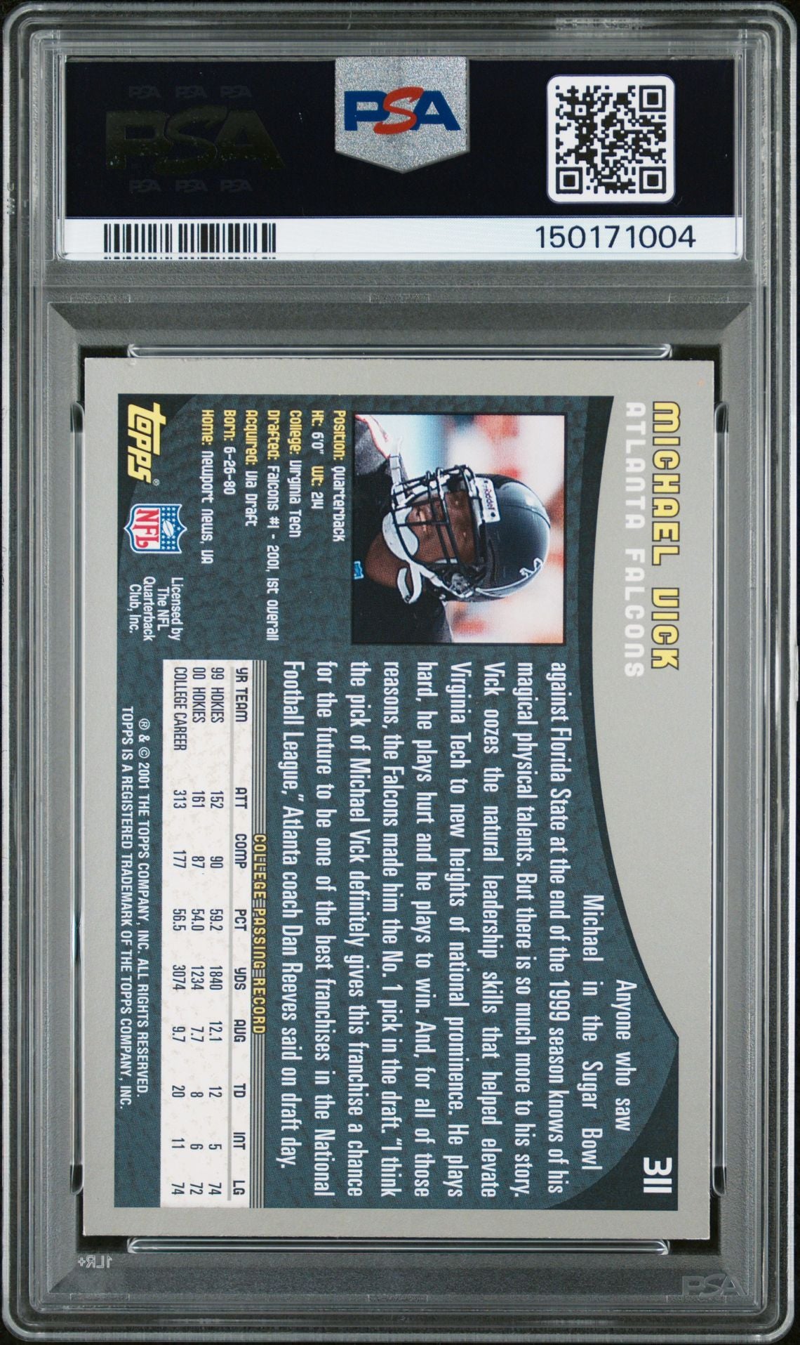 Michael Vick 2001 Topps Atlanta Falcons Signed Football RC Rookie Card #311 Graded PSA 8 Auto 10 Cert #150171004