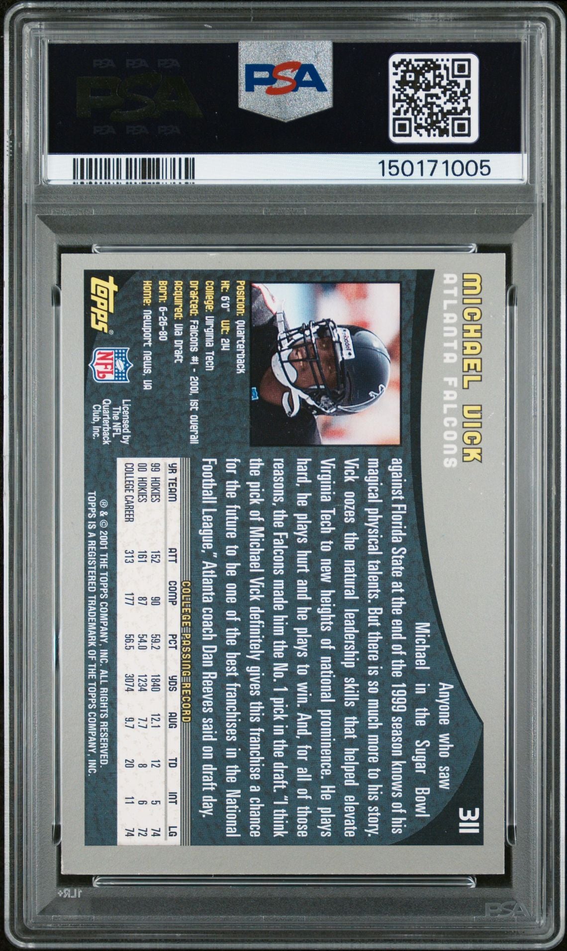 Michael Vick 2001 Topps Atlanta Falcons Signed Football RC Rookie Card #311 Graded PSA 6 Auto 10 Cert #150171005