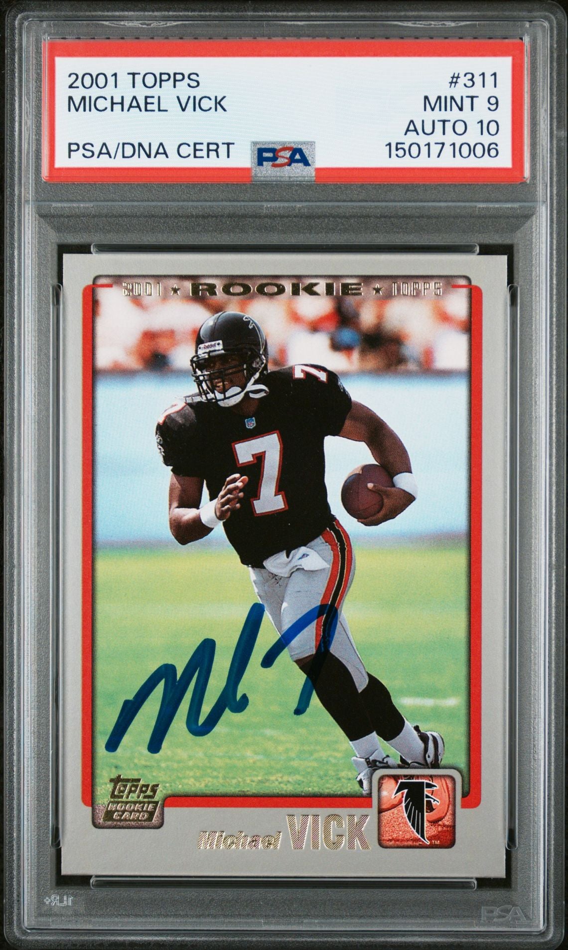 Michael Vick 2001 Topps Atlanta Falcons Signed Football RC Rookie Card #311 Graded PSA 9 Auto 10 Cert #150171006