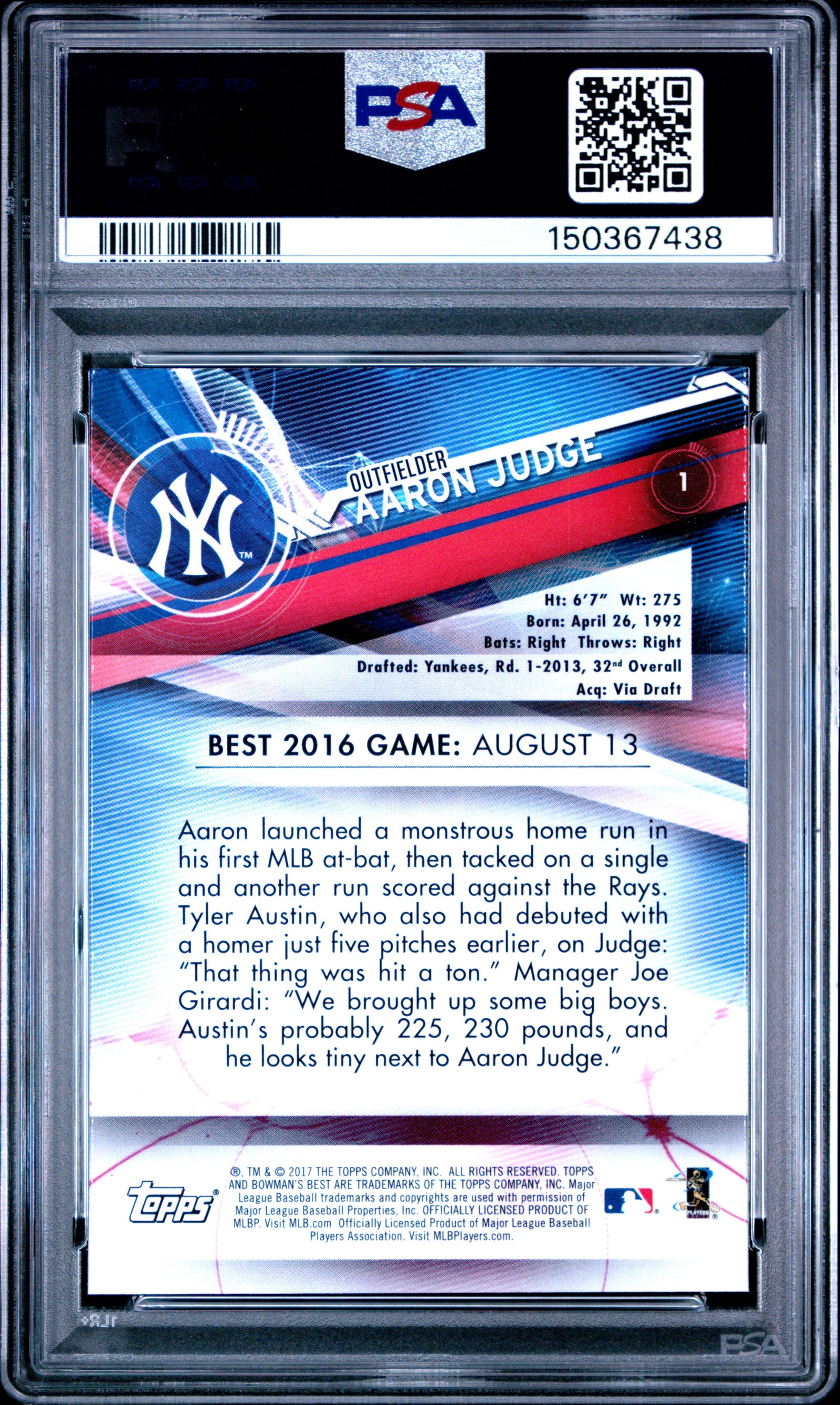 Aaron Judge 2017 Bowman's Best New York Yankees Baseball Rookie Card #1 Graded PSA 10 Cert #150367438-Powers Sports Memorabilia