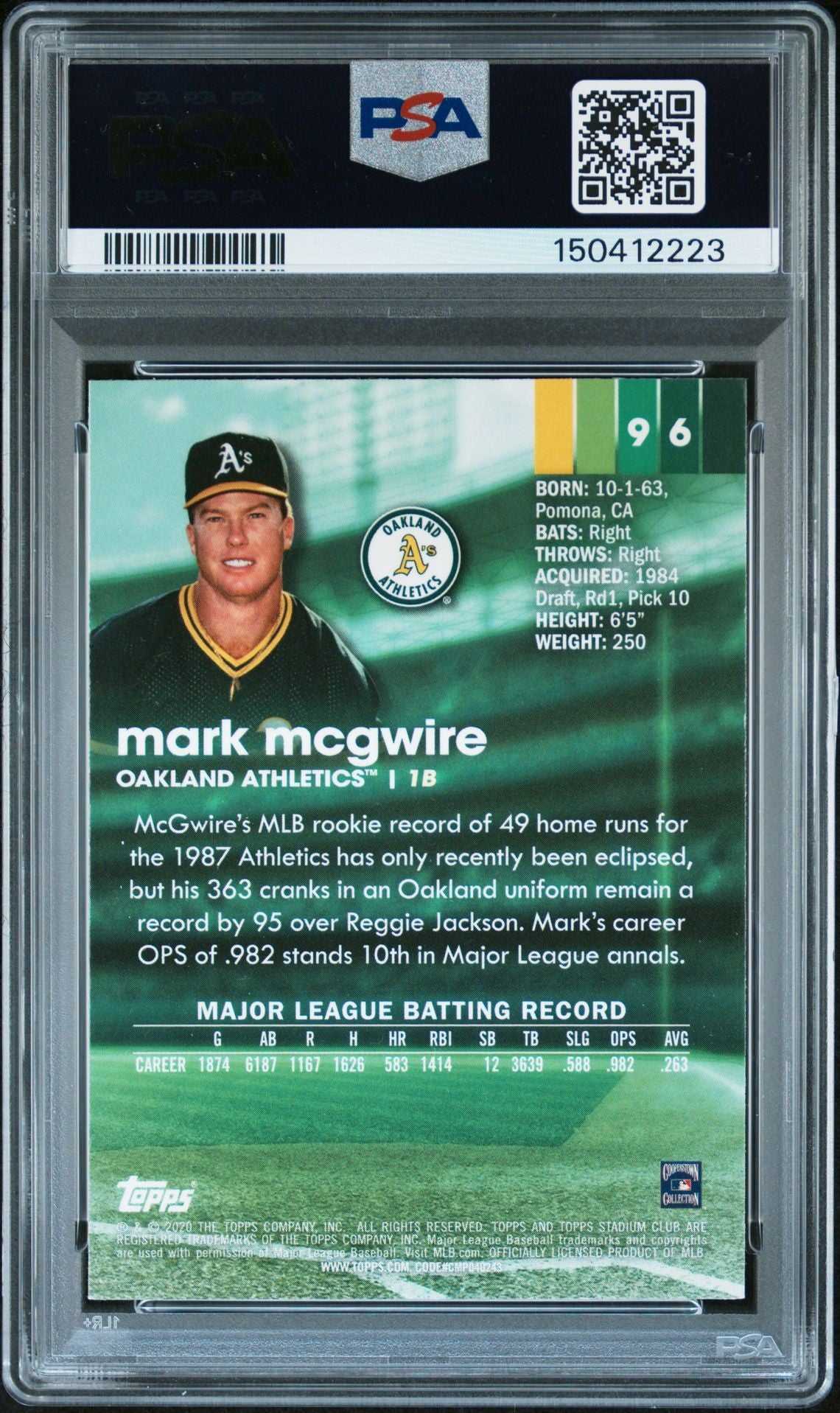 Mark McGwire 2020 Topps Stadium Club Chrome Signed Baseball Card #96 Auto 10 PSA Cert #150412223
