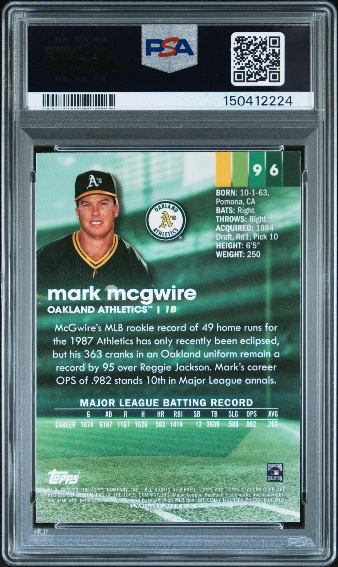 Mark McGwire 2020 Topps Stadium Club Chrome Signed Baseball Card #96 Auto 10 PSA Cert #150412224
