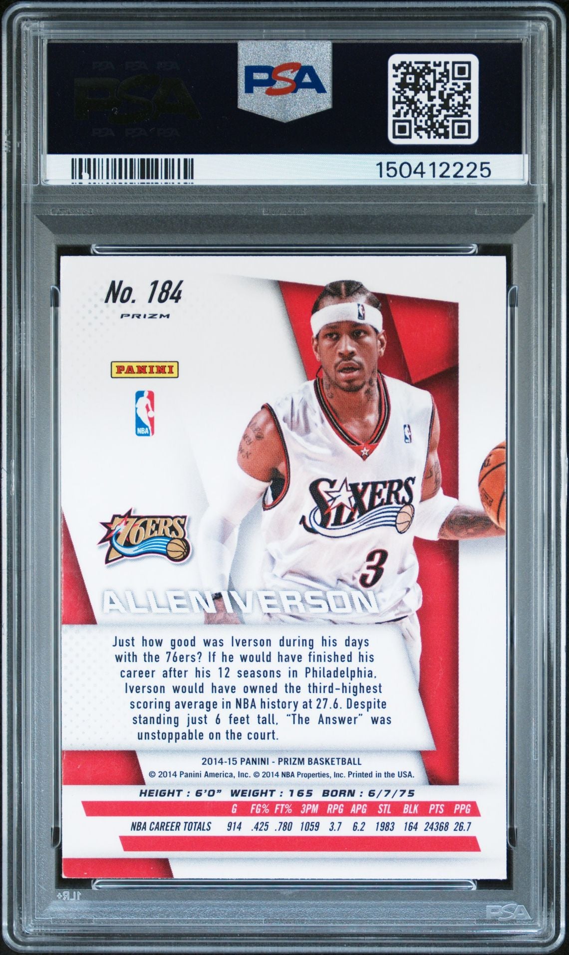 Allen Iverson 2014 Panini Prizm Silver Philadelphia 76ers Signed Basketball Card #184 Auto 10 PSA Cert #150412225