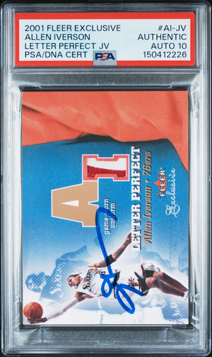 Allen Iverson 2001 Fleer Exclusive Letter Perfect JV Game Worn Patch Signed Basketball Card #AI-JV Auto 10 PSA 47/100
