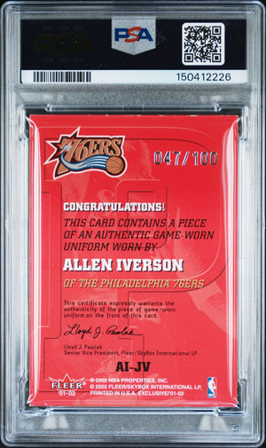 Allen Iverson 2001 Fleer Exclusive Letter Perfect JV Game Worn Patch Signed Basketball Card #AI-JV Auto 10 PSA 47/100