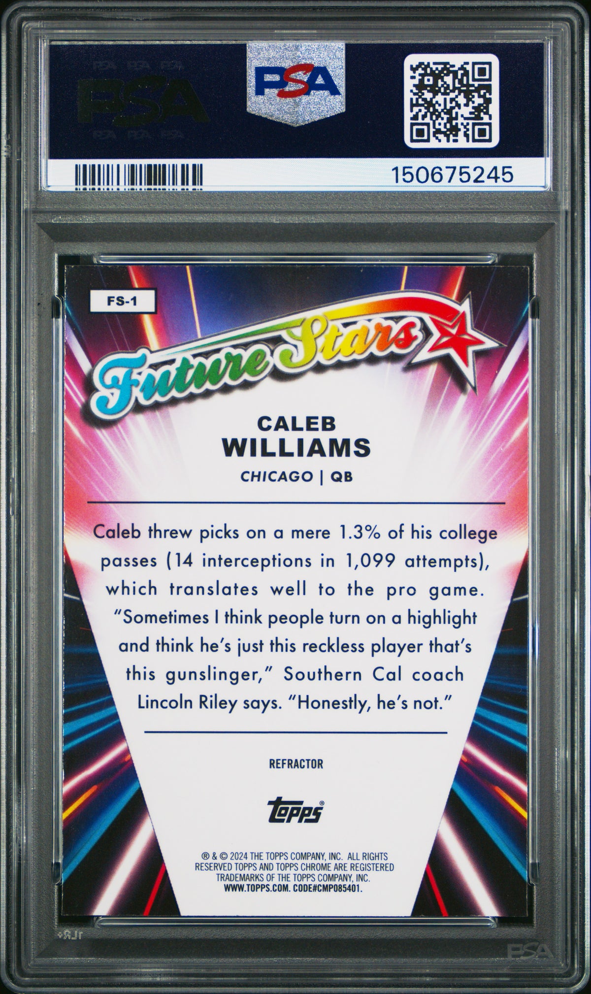 Caleb Williams 2024 Topps Chrome Future Stars Refractor Chicago Bears Football RC Rookie Card #FS1 Graded PSA 10 Cert #150675245-Powers Sports Memorabilia