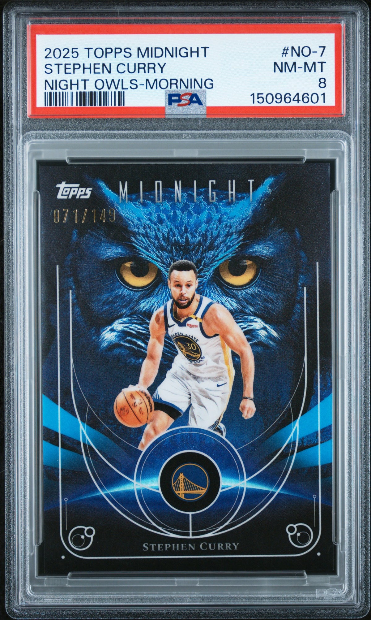 Stephen Curry 2025 Topps Midnight Night Owls-Morning Basketball Card #NO-7 Serial #071/149 Graded PSA 8 Cert #150964601-Powers Sports Memorabilia