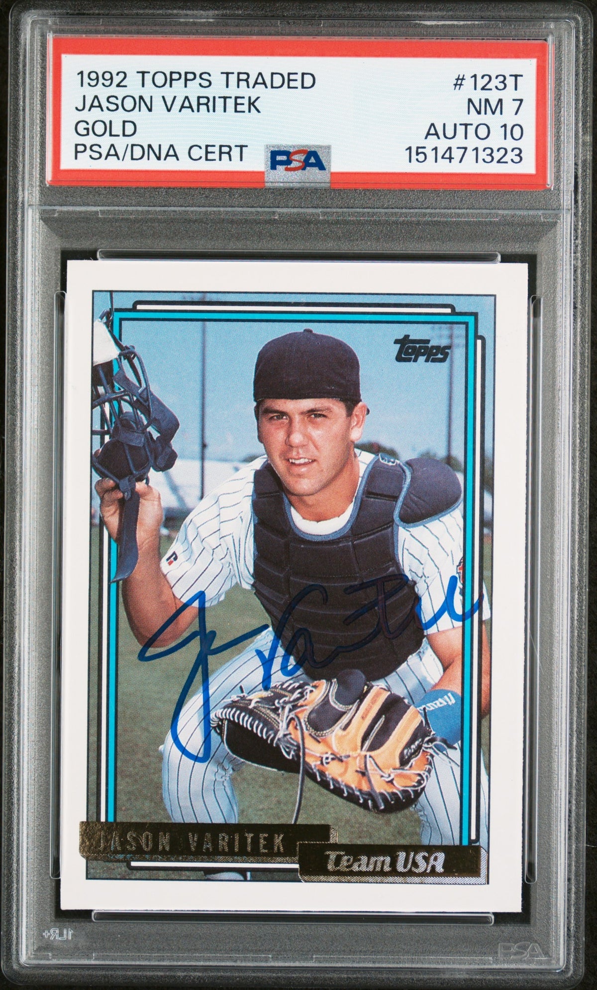Jason Varitek 1992 Topps Traded Gold Team USA Signed Baseball Rookie Card RC #123T Graded PSA 7 Auto 10 Cert #151471323