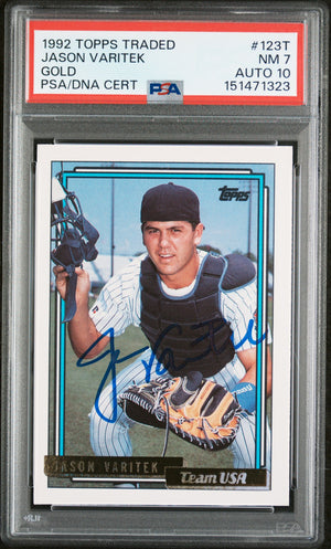 Jason Varitek 1992 Topps Traded Gold Team USA Signed Baseball Rookie Card RC #123T Graded PSA 7 Auto 10 Cert #151471323