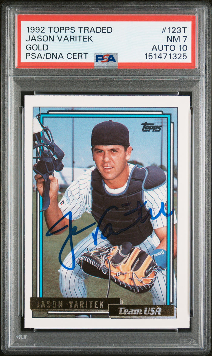 Jason Varitek 1992 Topps Traded Gold Team USA SIgned Baseball Rookie Card RC #123T Graded PSA 7 Auto 10 Cert #151471325-Powers Sports Memorabilia