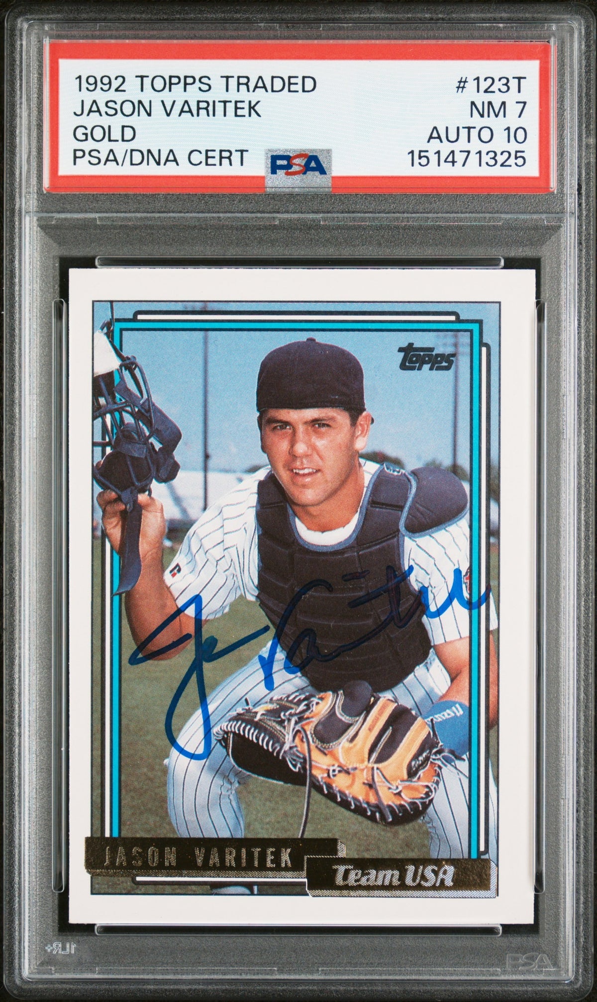 Jason Varitek 1992 Topps Traded Gold Team USA SIgned Baseball Rookie Card RC #123T Graded PSA 7 Auto 10 Cert #151471325
