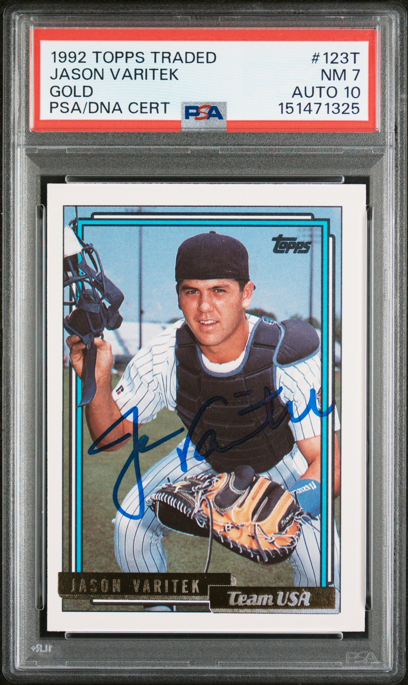 Jason Varitek 1992 Topps Traded Gold Team USA SIgned Baseball Rookie Card RC #123T Graded PSA 7 Auto 10 Cert #151471325-Powers Sports Memorabilia