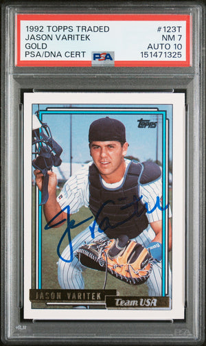 Jason Varitek 1992 Topps Traded Gold Team USA SIgned Baseball Rookie Card RC #123T Graded PSA 7 Auto 10 Cert #151471325