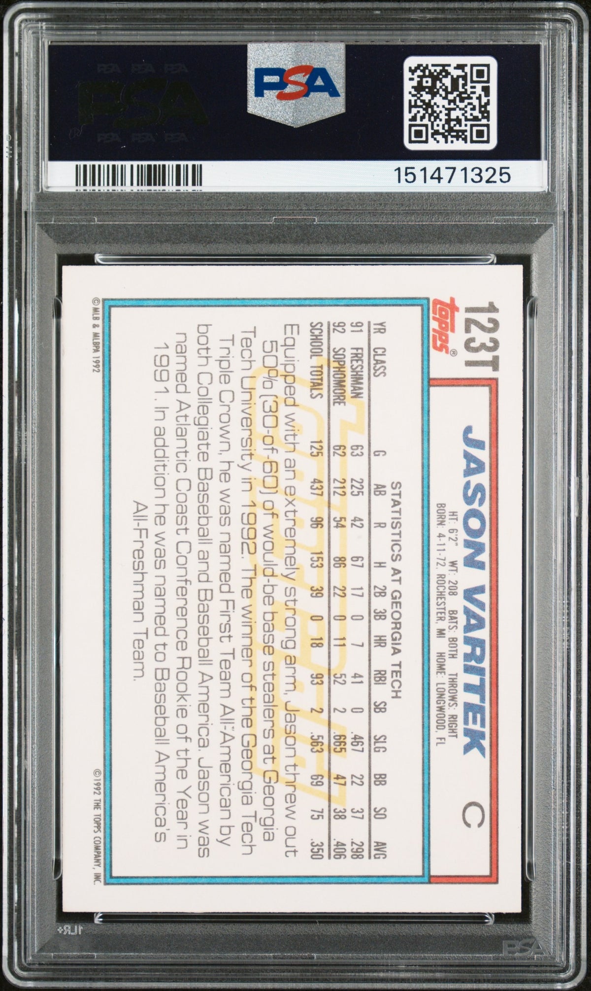 Jason Varitek 1992 Topps Traded Gold Team USA SIgned Baseball Rookie Card RC #123T Graded PSA 7 Auto 10 Cert #151471325