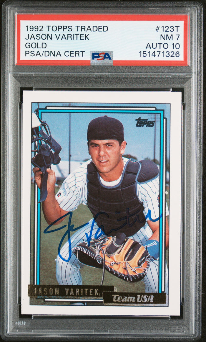Jason Varitek 1992 Topps Traded Gold Team USA Signed Baseball Rookie Card RC #123T Graded PSA 7 Auto 10 Cert #151471326-Powers Sports Memorabilia