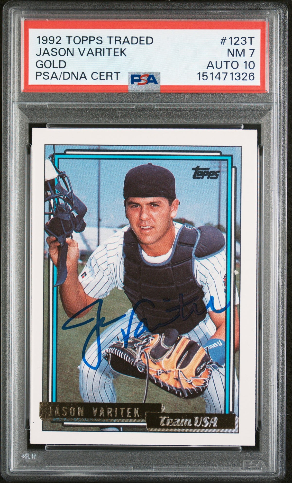 Jason Varitek 1992 Topps Traded Gold Team USA Signed Baseball Rookie Card RC #123T Graded PSA 7 Auto 10 Cert #151471326