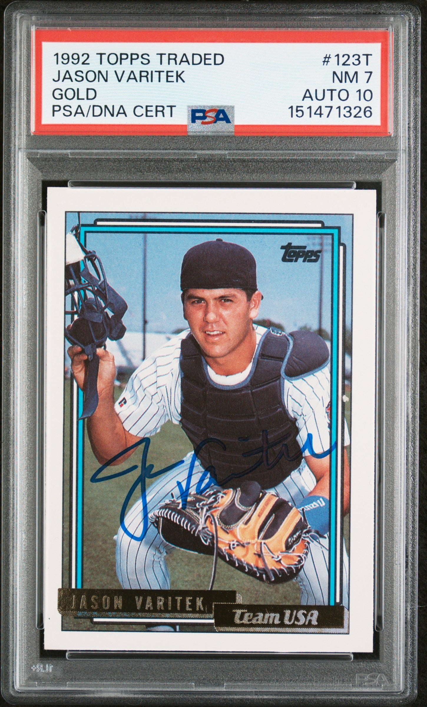 Jason Varitek 1992 Topps Traded Gold Team USA Signed Baseball Rookie Card RC #123T Graded PSA 7 Auto 10 Cert #151471326-Powers Sports Memorabilia