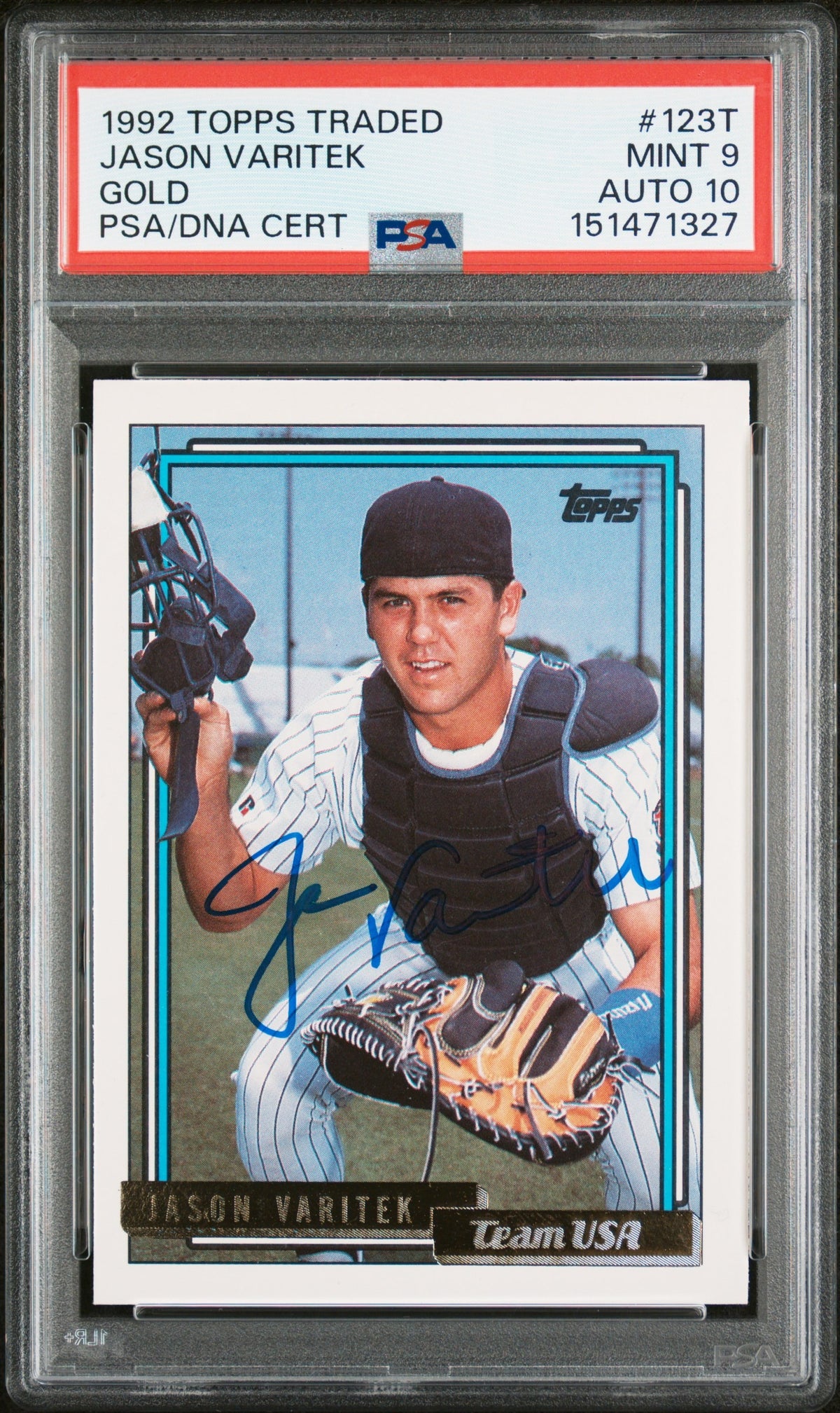 Jason Varitek 1992 Topps Traded Gold Team USA Signed Baseball Rookie Card RC #123T Graded PSA 9 Auto 10 Cert #151471327