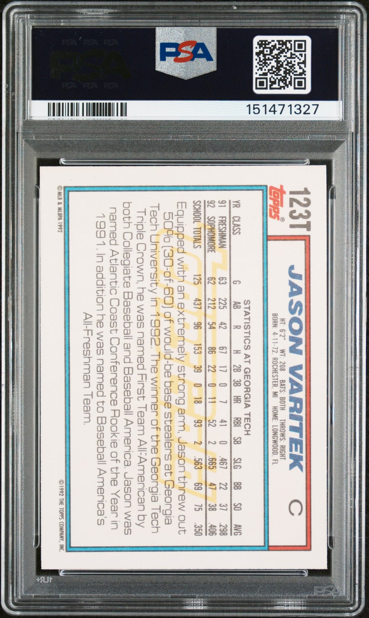 Jason Varitek 1992 Topps Traded Gold Team USA Signed Baseball Rookie Card RC #123T Graded PSA 9 Auto 10 Cert #151471327