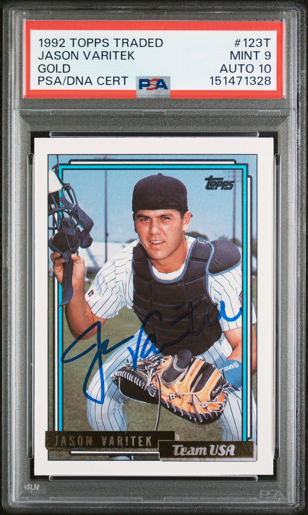 Jason Varitek 1992 Topps Traded Gold Team USA Signed Baseball Rookie Card RC #123T Graded PSA 9 Auto 10 Cert #151471328