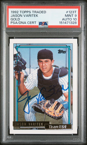 Jason Varitek 1992 Topps Traded Gold Team USA Signed Baseball Rookie Card RC #123T Graded PSA 9 Auto 10 Cert #151471328