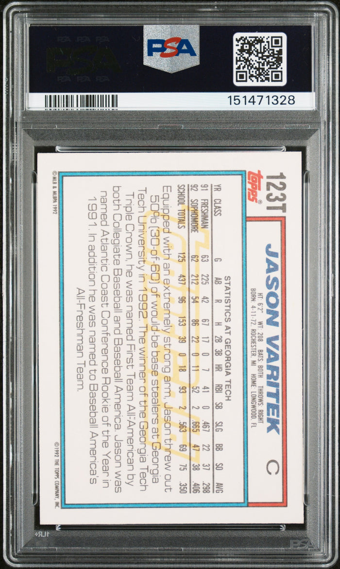 Jason Varitek 1992 Topps Traded Gold Team USA Signed Baseball Rookie Card RC #123T Graded PSA 9 Auto 10 Cert #151471328-Powers Sports Memorabilia