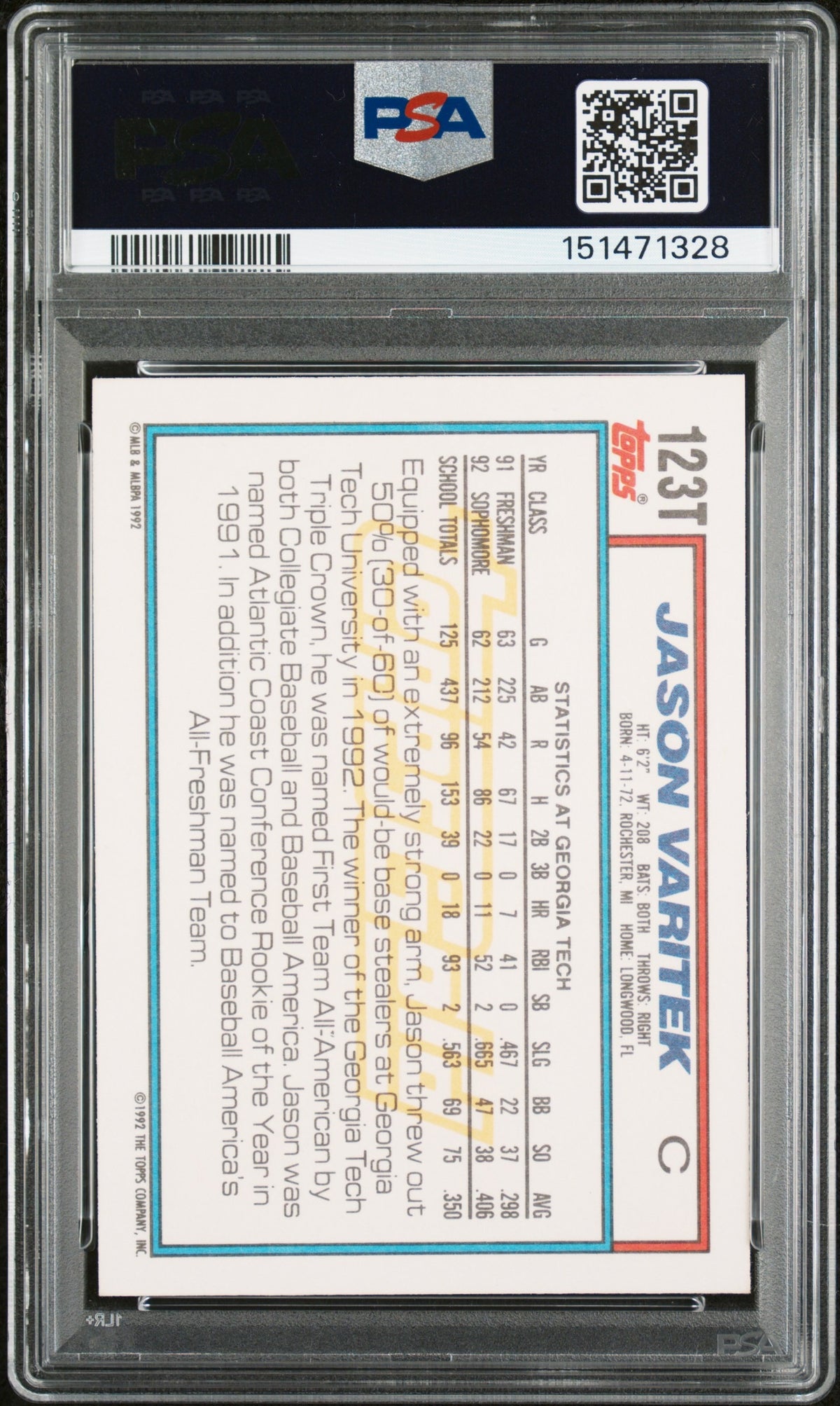 Jason Varitek 1992 Topps Traded Gold Team USA Signed Baseball Rookie Card RC #123T Graded PSA 9 Auto 10 Cert #151471328