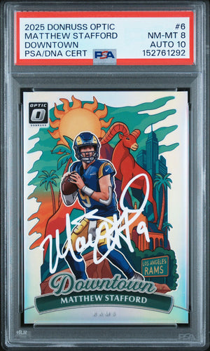 Matthew Stafford 2025 Donruss Optic Downtown Los Angeles Rams Signed Football Card #6 Auto 10 Graded PSA 8 Cert #152761292-Powers Sports Memorabilia