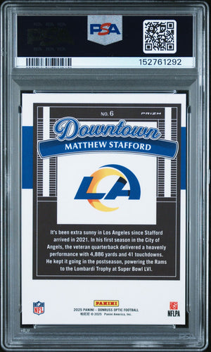 Matthew Stafford 2025 Donruss Optic Downtown Los Angeles Rams Signed Football Card #6 Auto 10 Graded PSA 8 Cert #152761292-Powers Sports Memorabilia