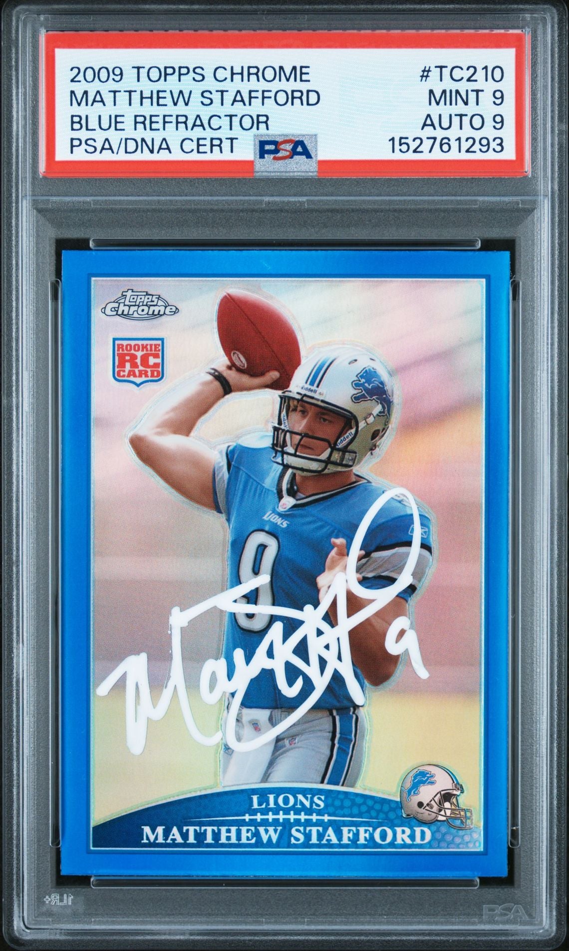 Matthew Stafford 2009 Topps Chrome Blue Refractor Detroit Lions Signed Football RC Rookie Card #TC210 Auto 9 Graded PSA 9 Cert #152761293-Powers Sports Memorabilia