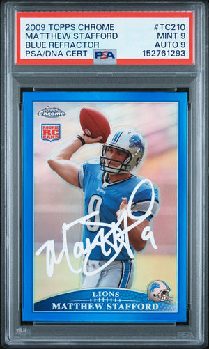 Matthew Stafford 2009 Topps Chrome Blue Refractor Detroit Lions Signed Football RC Rookie Card #TC210 Auto 9 Graded PSA 9 Cert #152761293-Powers Sports Memorabilia