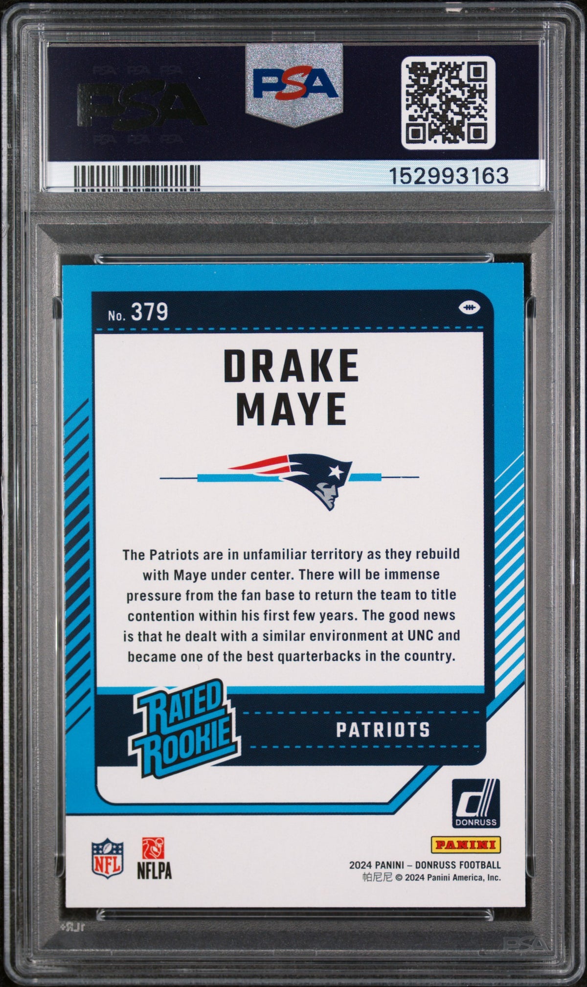 Drake Maye 2024 Donruss Rated Rookie New England Patriots Football Card #379 Graded PSA 9 Cert #152993163-Powers Sports Memorabilia