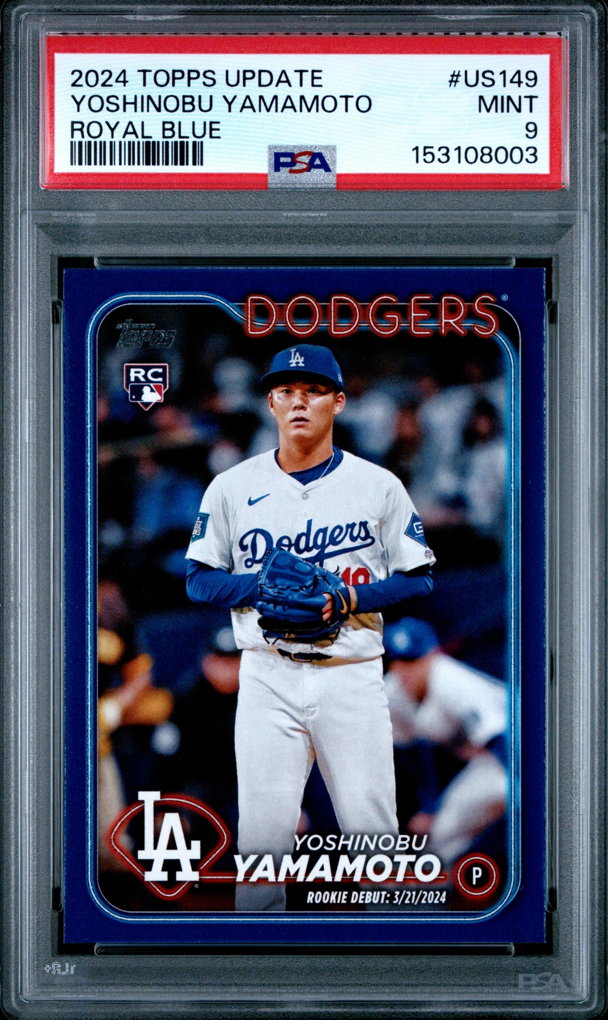 Yoshinobu Yamamoto 2024 Topps Update Royal Blue Los Angeles Dodgers Baseball RC Rookie Card #US149 Graded PSA 9 Cert #153108003-Powers Sports Memorabilia