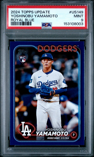 Yoshinobu Yamamoto 2024 Topps Update Royal Blue Los Angeles Dodgers Baseball RC Rookie Card #US149 Graded PSA 9 Cert #153108003-Powers Sports Memorabilia