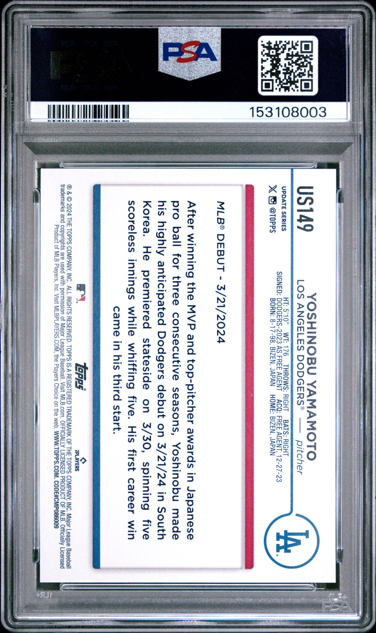 Yoshinobu Yamamoto 2024 Topps Update Royal Blue Los Angeles Dodgers Baseball RC Rookie Card #US149 Graded PSA 9 Cert #153108003-Powers Sports Memorabilia