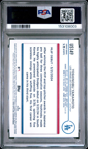 Yoshinobu Yamamoto 2024 Topps Update Royal Blue Los Angeles Dodgers Baseball RC Rookie Card #US149 Graded PSA 9 Cert #153108003-Powers Sports Memorabilia