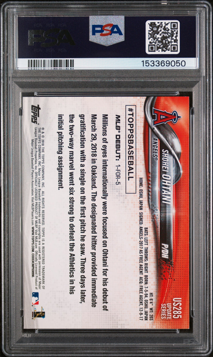 Shohei Ohtani 2018 Topps Update Rookie Debut Los Angeles Angels Baseball Card #US285 Graded PSA 8 Cert #153369050-Powers Sports Memorabilia
