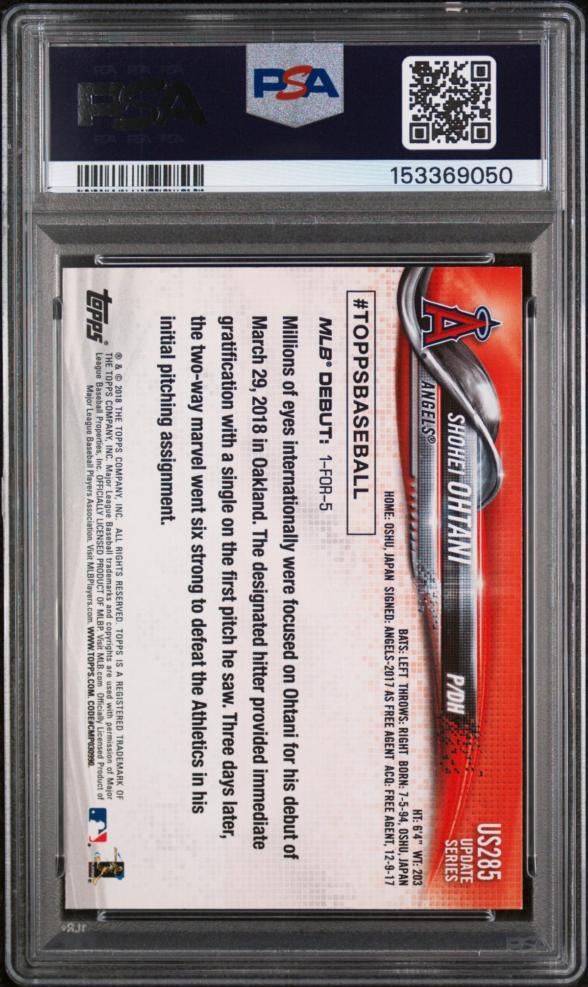 Shohei Ohtani 2018 Topps Update Rookie Debut Los Angeles Angels Baseball Card #US285 Graded PSA 8 Cert #153369050-Powers Sports Memorabilia