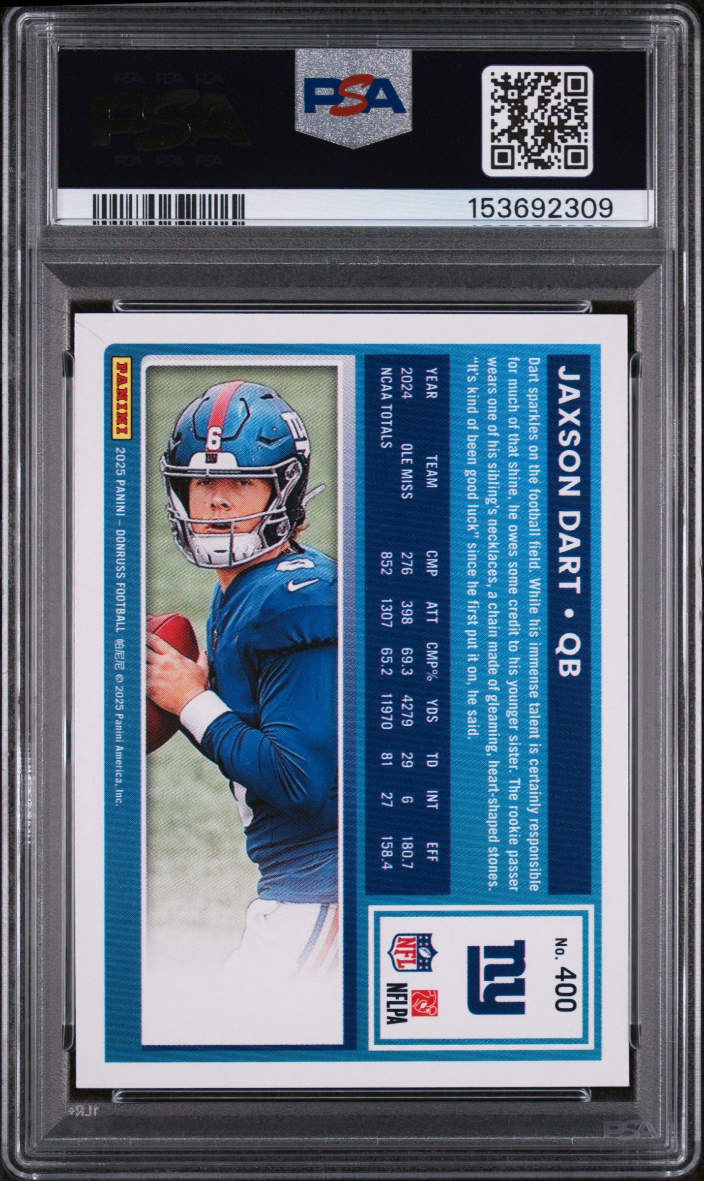 Jaxson Dart 2025 Donruss New York Giants Football Rated Rookie Card #400 Graded PSA 9 Cert #153692309-Powers Sports Memorabilia