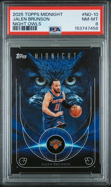 Jalen Brunson 2025 Topps Midnight Night Owls New York Knicks Basketball Card #NO-10 Graded PSA 8 Cert #153747458
