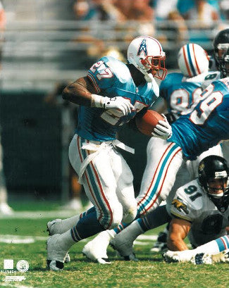 Eddie George unsigned Tennessee Oilers 8 x 10 Photograph #27 (blue jersey vs Jaguars)-Powers Sports Memorabilia