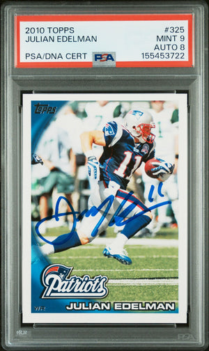Julian Edelman 2010 Topps New England Patriots Signed Football Card #325 Graded PSA 9 Auto 8 Cert #155453722