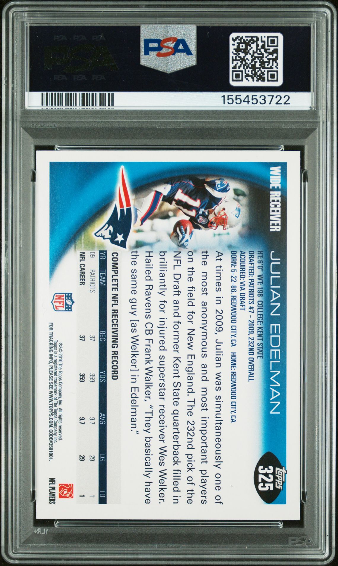Julian Edelman 2010 Topps New England Patriots Signed Football Card #325 Graded PSA 9 Auto 8 Cert #155453722