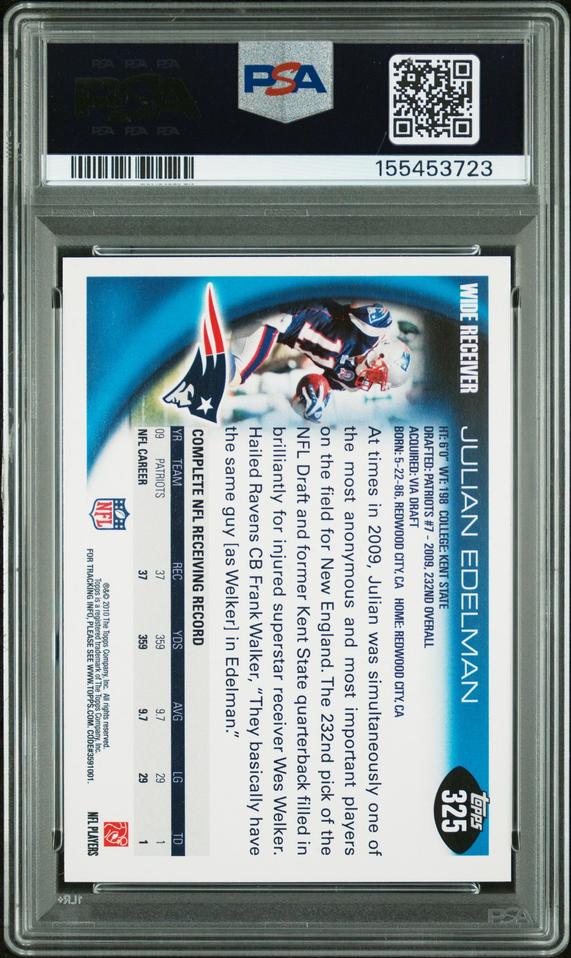 Julian Edelman 2010 Topps New England Patriots Signed Football Card #325 Graded PSA 9 Auto 9 Cert #155453723-Powers Sports Memorabilia