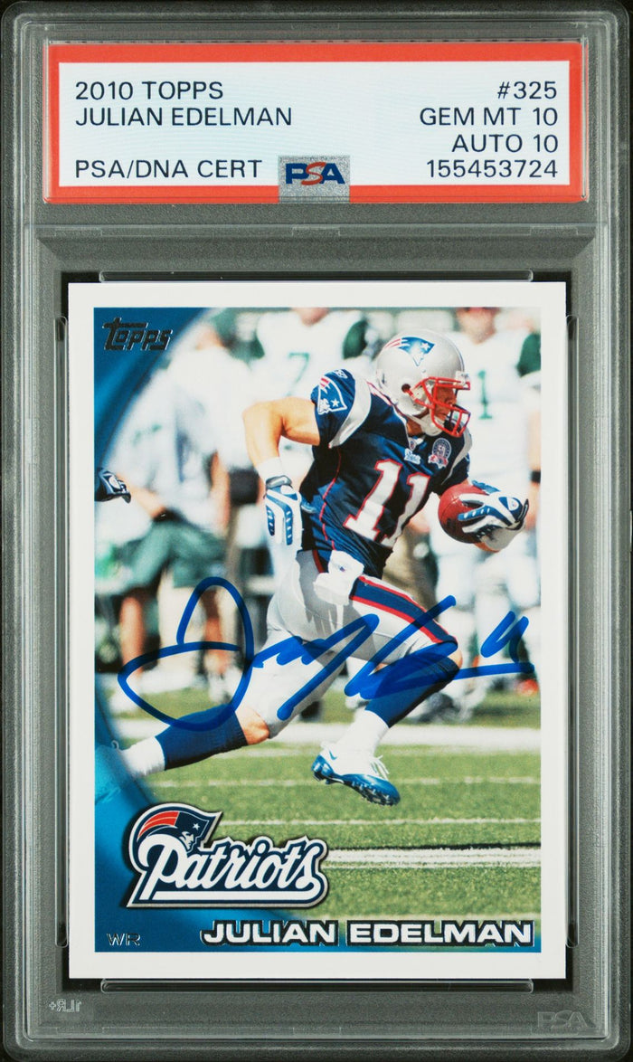 Julian Edelman 2010 Topps New England Patriots Signed Football Card #325 Graded PSA 10 Auto 10 Cert #155453724-Powers Sports Memorabilia