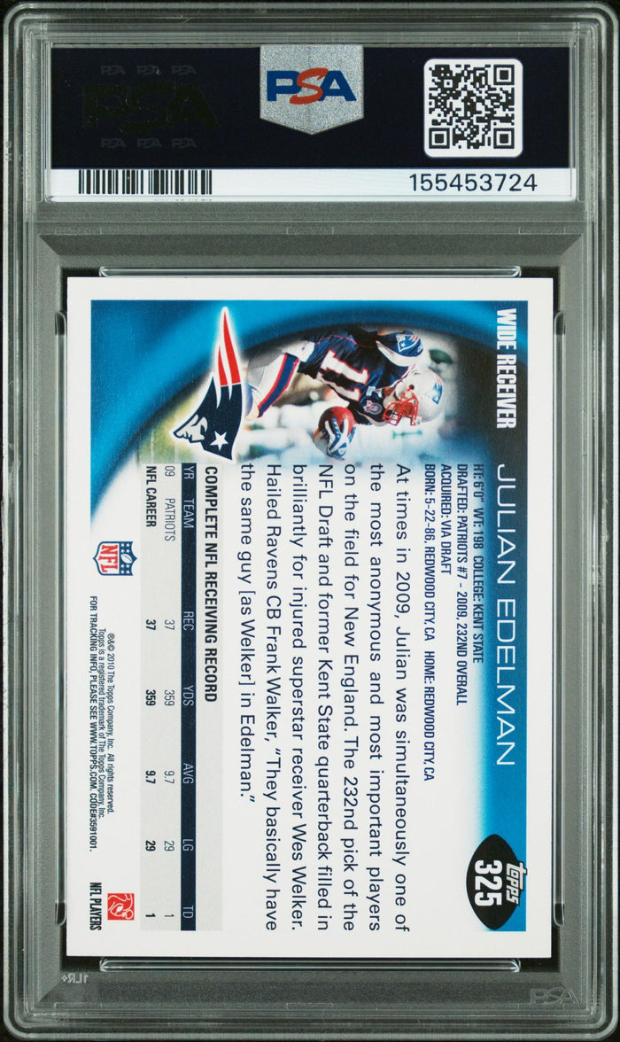 Julian Edelman 2010 Topps New England Patriots Signed Football Card #325 Graded PSA 10 Auto 10 Cert #155453724-Powers Sports Memorabilia