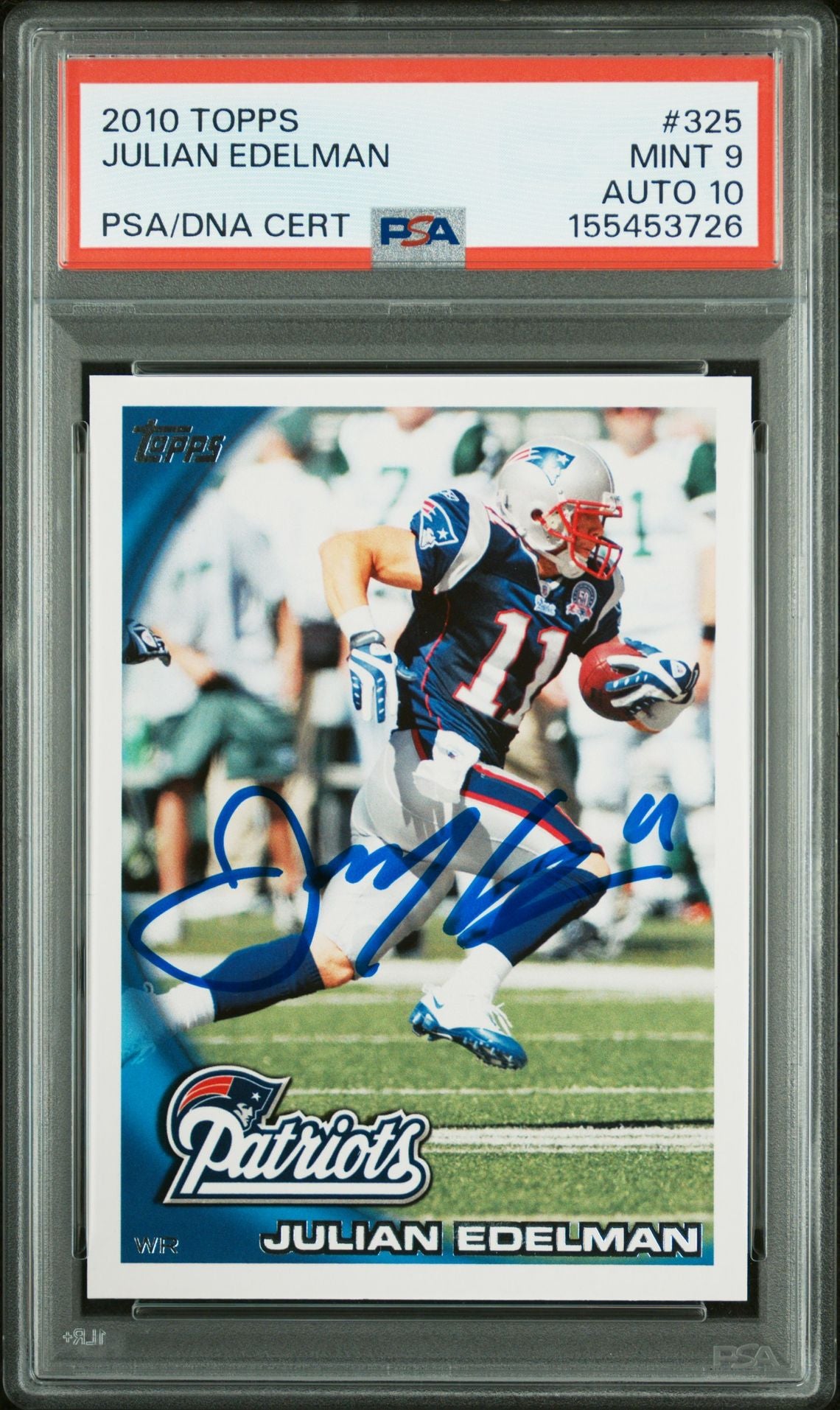 Julian Edelman 2010 Topps New England Patriots Signed Football Card #325 Graded PSA 9 Auto 10 Cert #155453726