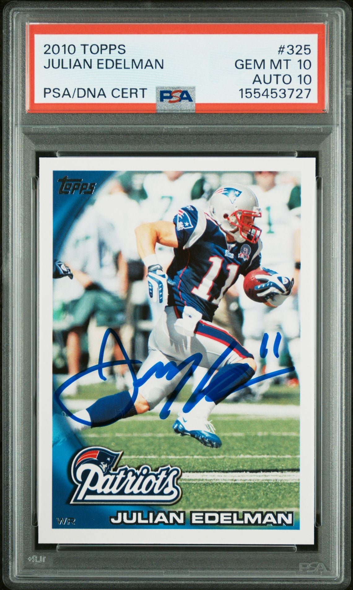Julian Edelman 2010 Topps New England Patriots Signed Football Card #325 Graded PSA 10 Auto 10 Cert #155453727-Powers Sports Memorabilia