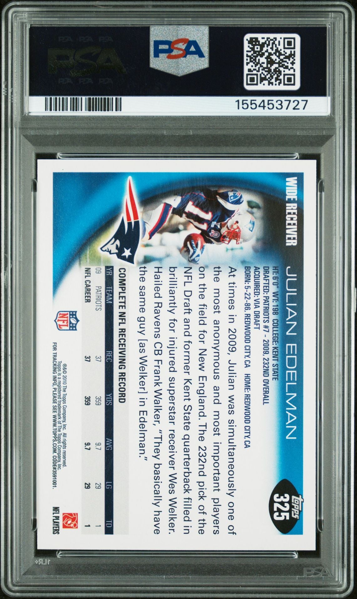Julian Edelman 2010 Topps New England Patriots Signed Football Card #325 Graded PSA 10 Auto 10 Cert #155453727-Powers Sports Memorabilia