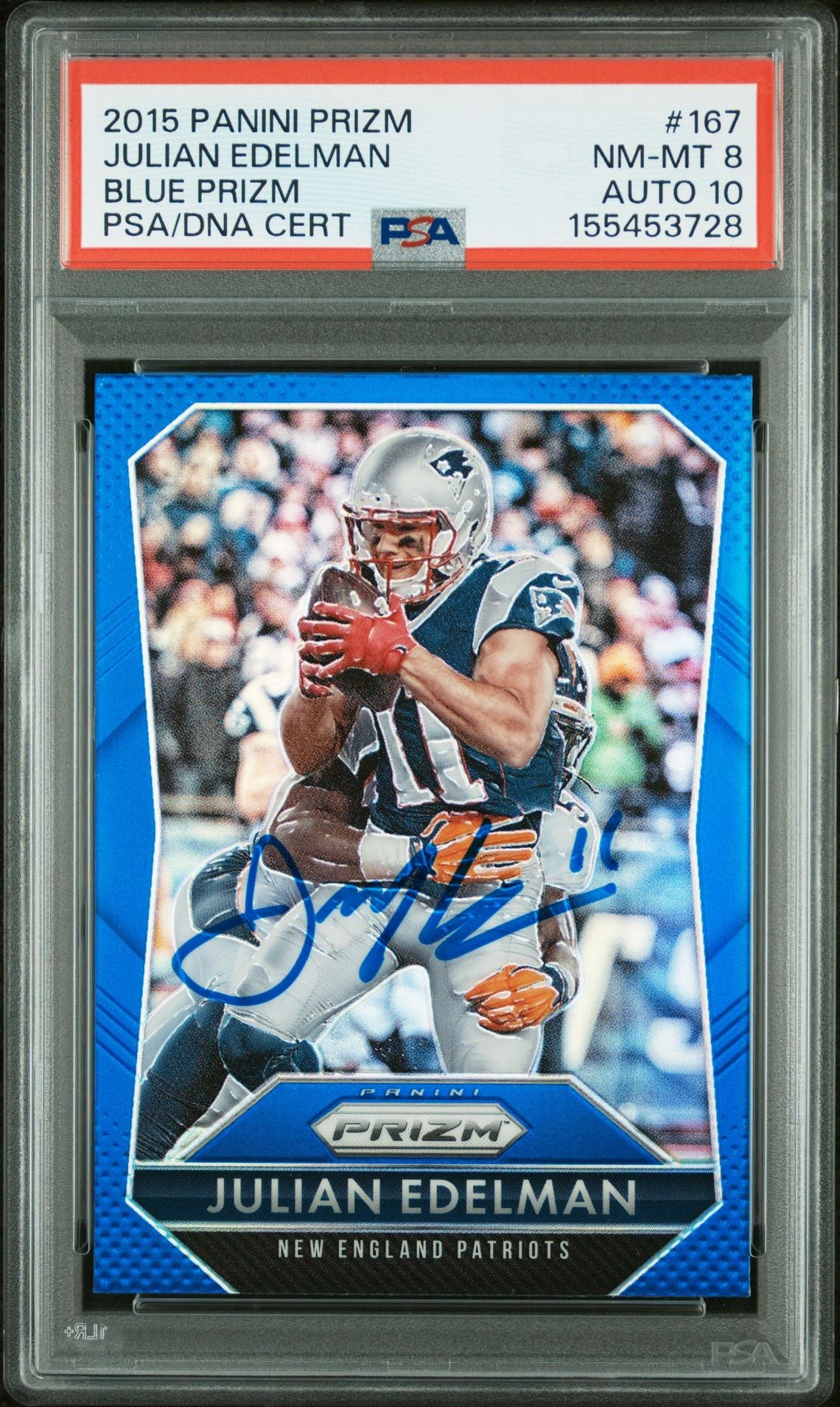 Julian Edelman 2015 Panini Prizm Blue New England Patriots Signed Football Card #167 Graded PSA 8 Auto 10 Cert #155453728-Powers Sports Memorabilia